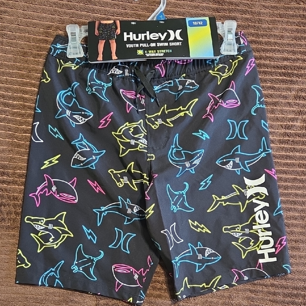 Hurley Youth Black Swim Shorts with Neon Shark Pattern